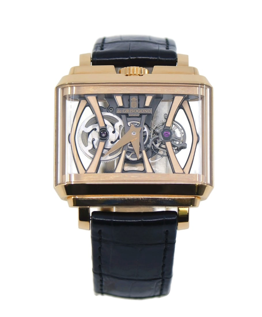 De Grisogono Retro Tourbillon 18K Rose Gold Wristwatch with Box and Papers: De Grisogono Retro Tourbillon 18K Rose Gold Wristwatch with Box and Papers Discover the elegance of the De Grisogono Retro Tourbillon wristwatch, a stunning timepiece crafted from 18K rose gold. This 