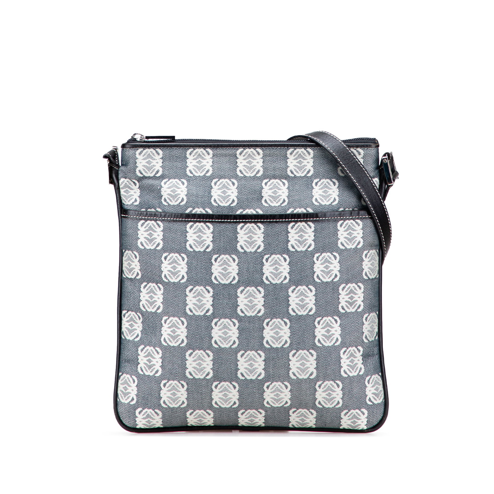 LOEWE Gray Anagram Canvas Crossbody Bag with Leather Trim: LOEWE Gray Anagram Canvas Crossbody Bag with Leather Trim Introducing the LOEWE Anagram Canvas Crossbody, a stylish and functional accessory crafted from durable canvas with elegant leather trim. This