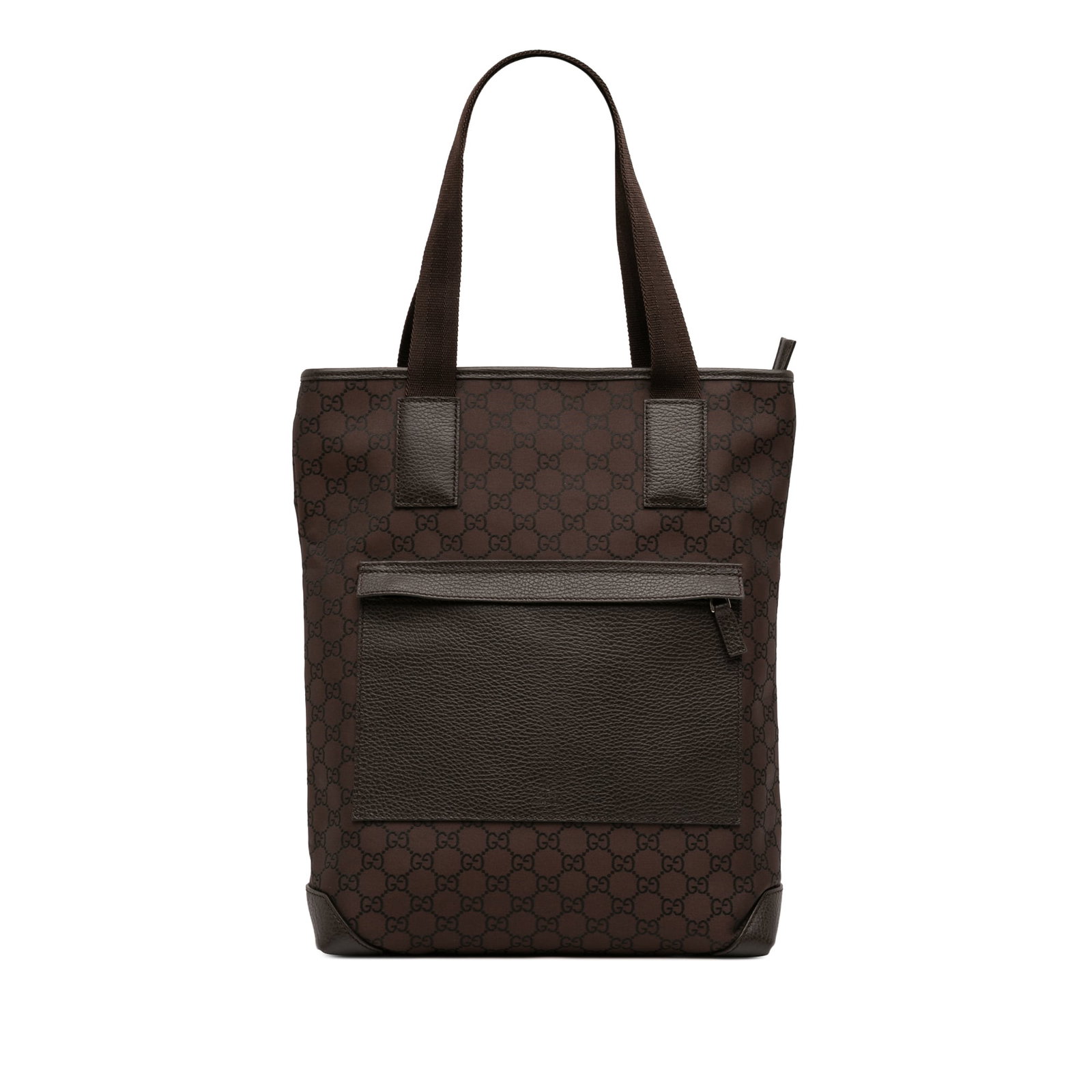 Brown GG Canvas Tote Bag with Leather Trim by Gucci: Brown GG Canvas Tote Bag with Leather Trim by Gucci This Gucci GG Canvas Tote features a brown canvas body with leather trim, flat leather handles, a top zip closure, an exterior zip pocket, and an in