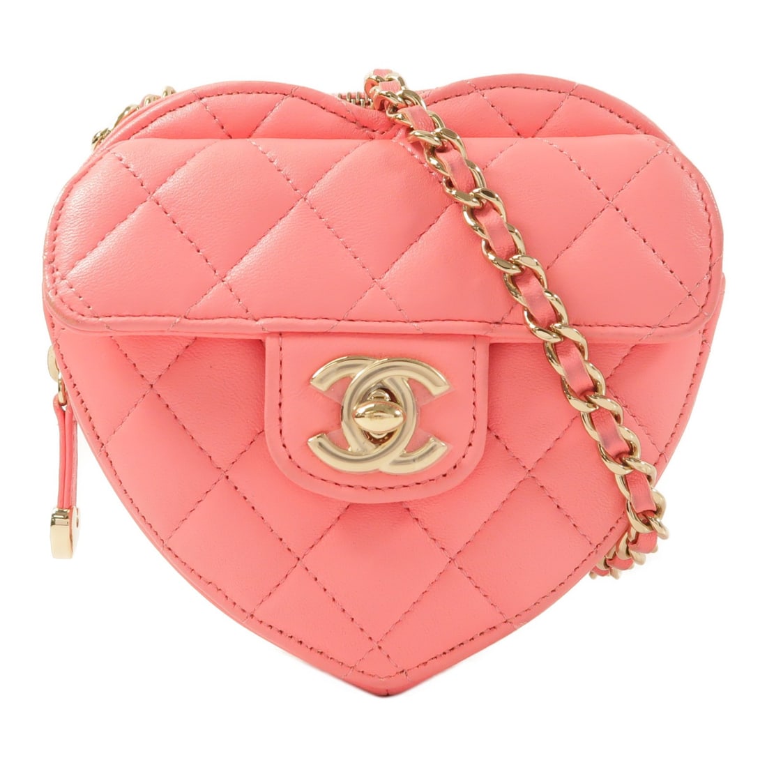 CHANEL Heart Chain Pink Lambskin Shoulder Bag GHW: CHANEL Heart Chain Pink Lambskin Shoulder Bag GHW This Chanel CC in Love Heart chain shoulder bag is crafted from pink lambskin leather, offering a stylish and feminine accessory. Featuring the signat