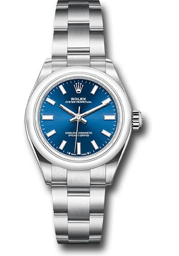 Rolex Oyster Perpetual 28 Ladies Watch Ref 276200 Med Blue Dial Green Card: Rolex Oyster Perpetual 28 Ladies Watch Ref 276200 Med Blue Dial Green Card This ladies Rolex Oyster Perpetual 28 features a medium blue dial and a smooth bezel, complemented by an Oyster bracelet. The