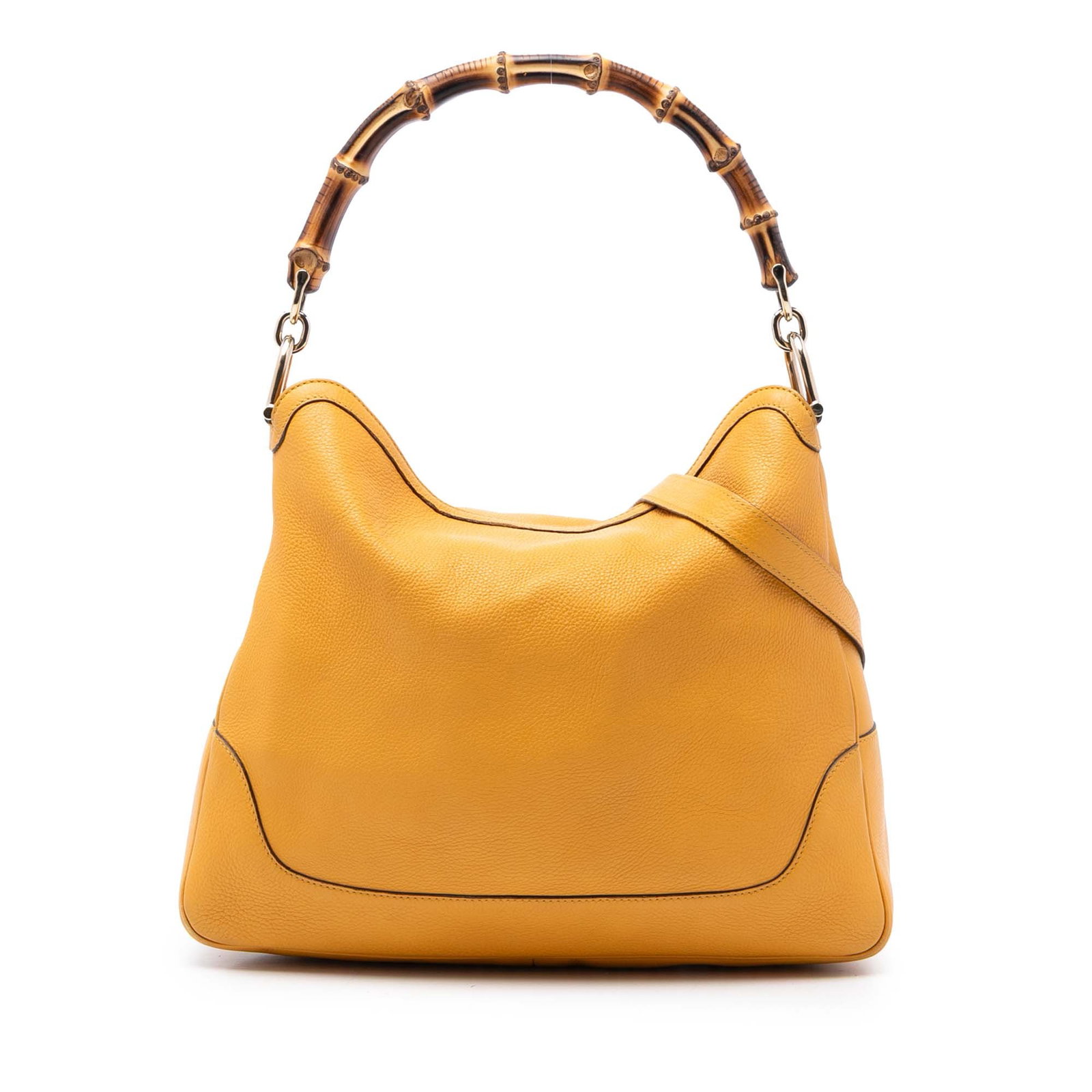 Gucci Diana Bamboo Handle Leather Satchel with Detachable Strap: Gucci Diana Bamboo Handle Leather Satchel with Detachable Strap This Gucci Calfskin Bamboo Diana Satchel features a yellow leather body with a distinctive bamboo handle, a detachable flat leather stra