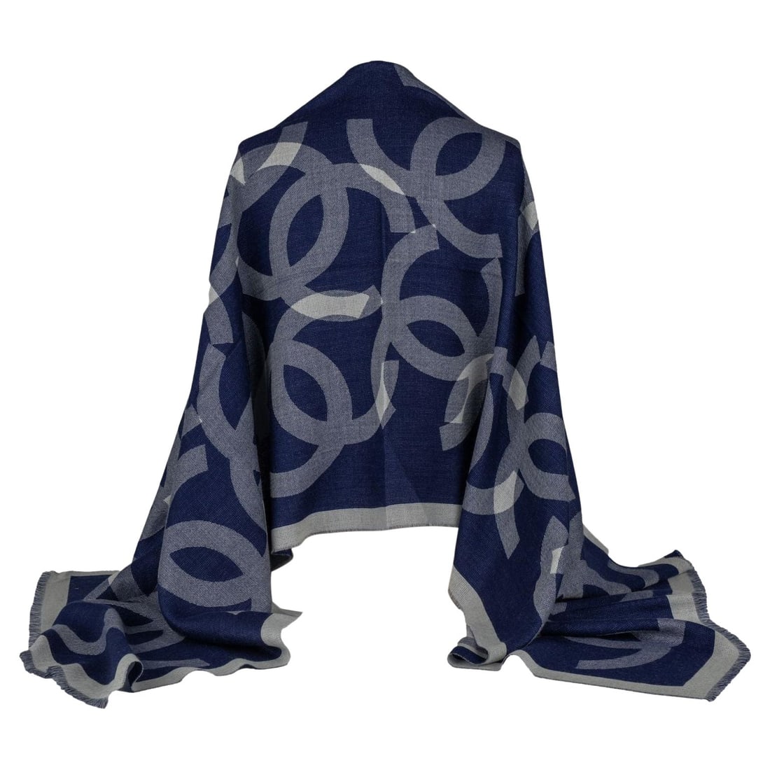 Chanel Cashmere Shawl Navy with CC Logos 27 x 80 Inches: Chanel Cashmere Shawl Navy with CC Logos 27 x 80 Inches Experience luxury and warmth with this Chanel Cashmere Shawl in a rich navy hue. Crafted from premium cashmere, this shawl boasts a stylish desi