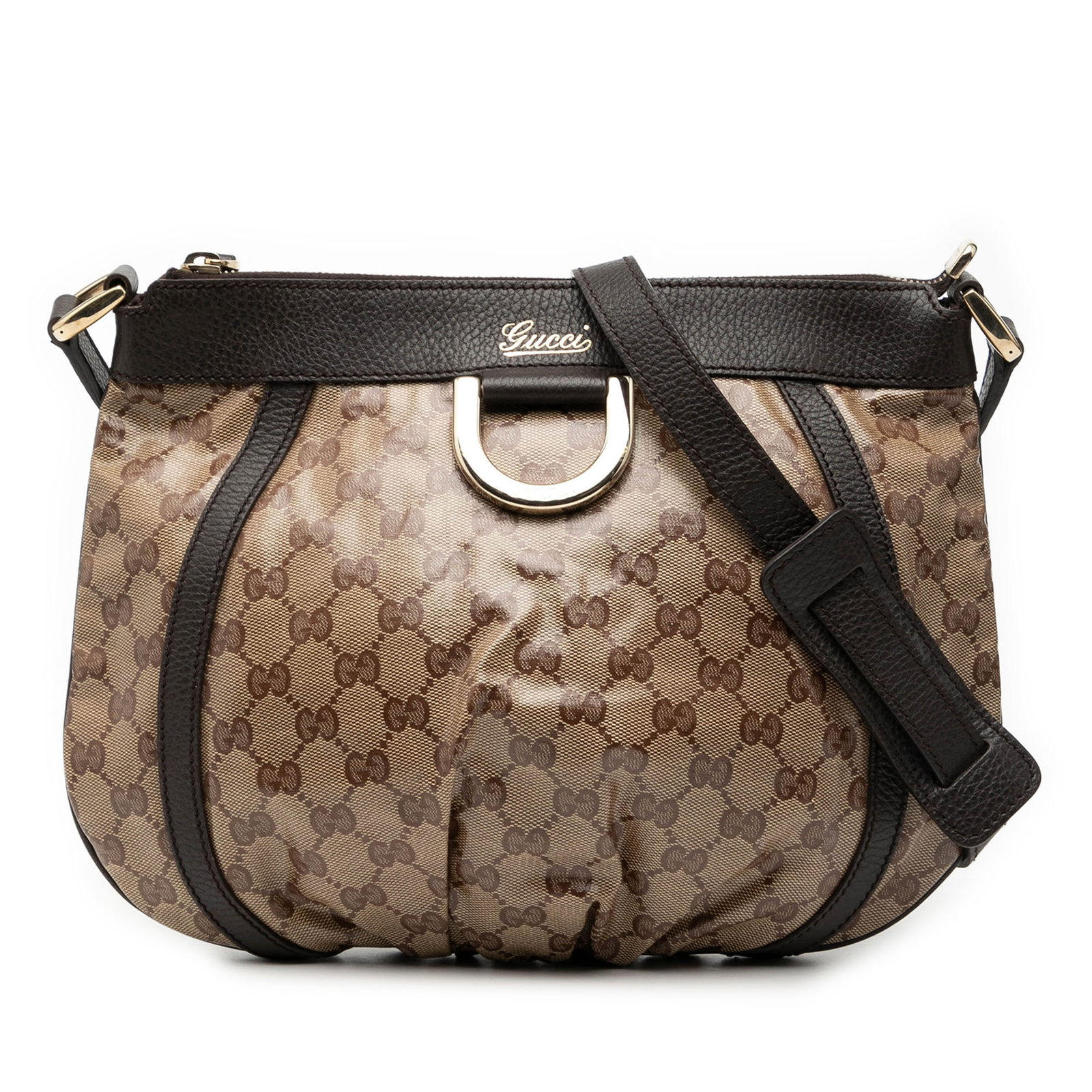 Gucci GG Crystal Abbey D Ring Brown Coated Canvas Crossbody Bag: Gucci GG Crystal Abbey D Ring Brown Coated Canvas Crossbody Bag This Gucci GG Crystal Abbey D Ring Crossbody bag features a coated canvas body with leather trim, a flat leather strap, a top zip closur