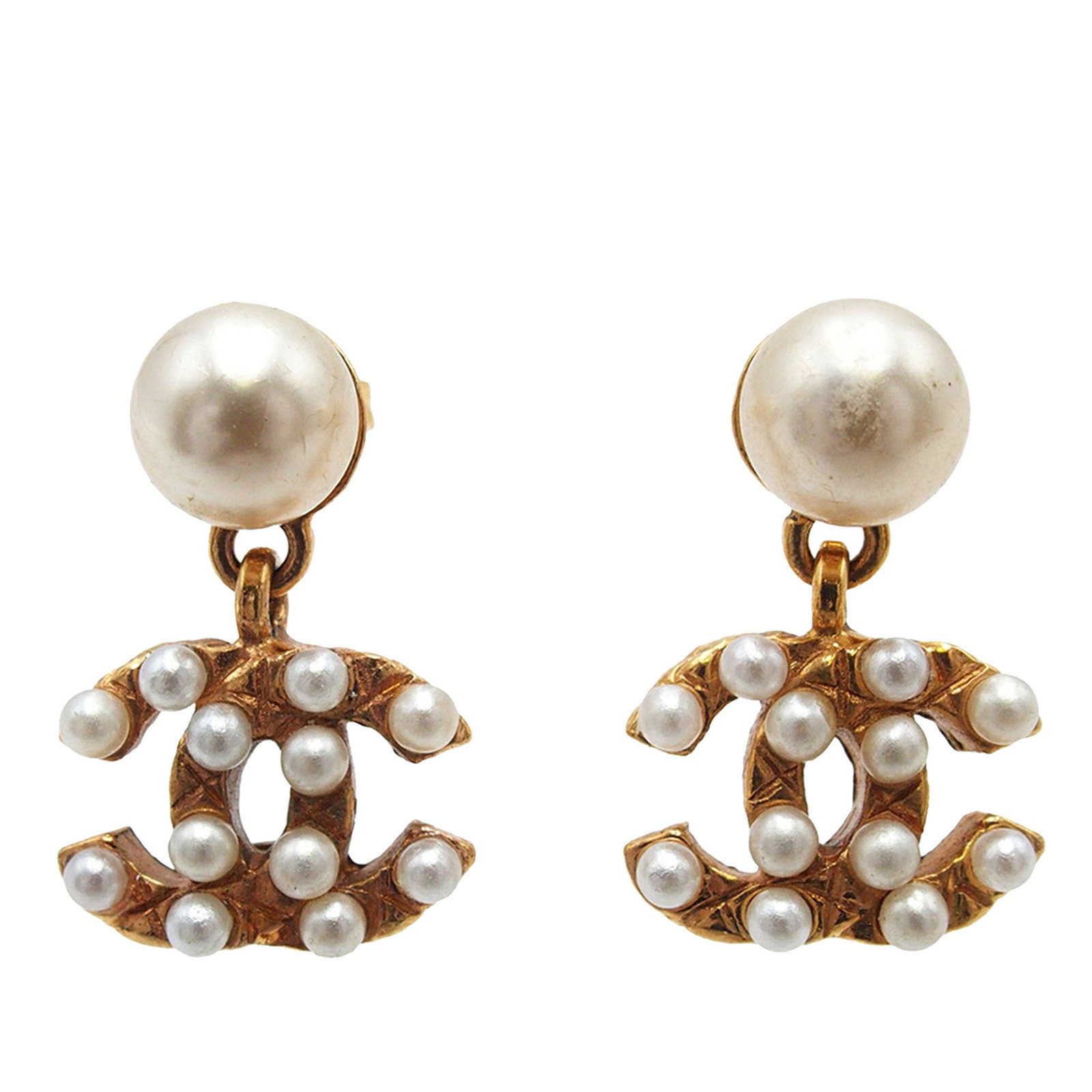 Chanel Faux Pearl Drop Earrings with Gold Tone CC Logo (1 of 7)