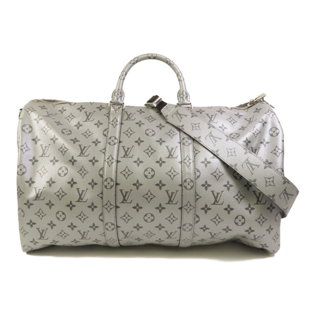 Keepall 50 Monogram Reflect Silver 2way Shoulder Bag by Louis Vuitton M43848: Keepall 50 Monogram Reflect Silver 2way Shoulder Bag by Louis Vuitton M43848 This Louis Vuitton Keepall 50 Bandouliere is a versatile 2-way shoulder bag crafted from silver PVC coated canvas in the si
