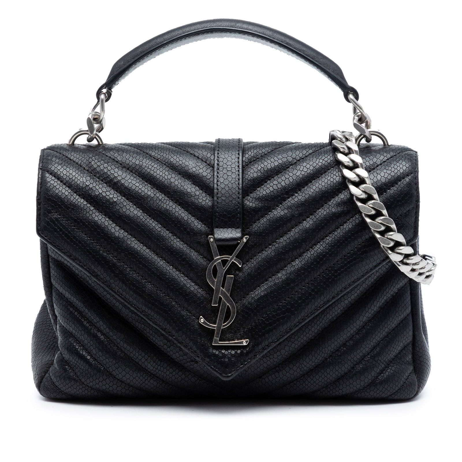 Saint Laurent College Satchel Medium Black Embossed Leather Chevron Monogram Bag: Saint Laurent College Satchel Medium Black Embossed Leather Chevron Monogram Bag This Saint Laurent Medium Chevron Embossed Leather Monogram College Satchel features a black embossed leather body with