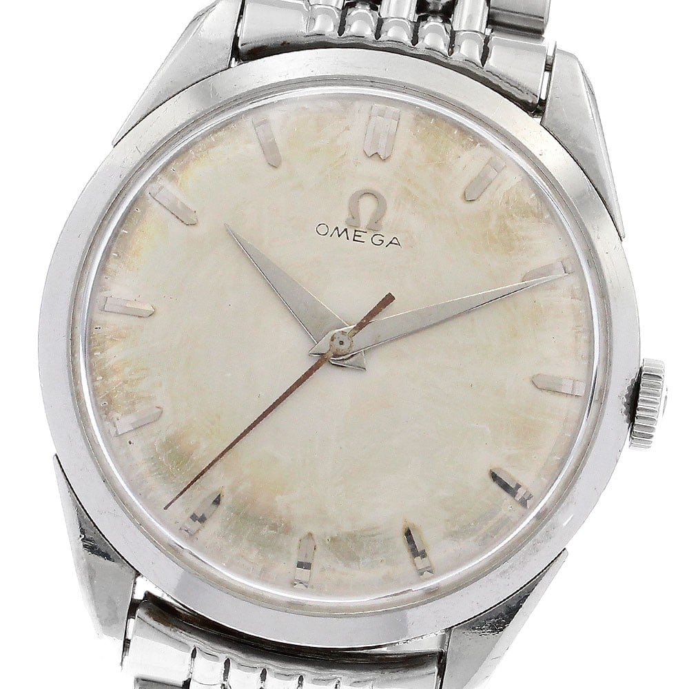 Omega 2910-4 SC Manual Wind Silver Dial Men's Wristwatch: Omega 2910-4 SC Manual Wind Silver Dial Men's Wristwatch This OMEGA 2910-4 SC men's wristwatch features a round stainless steel case and a rice bracelet, both showing many scratches and signs of wear.