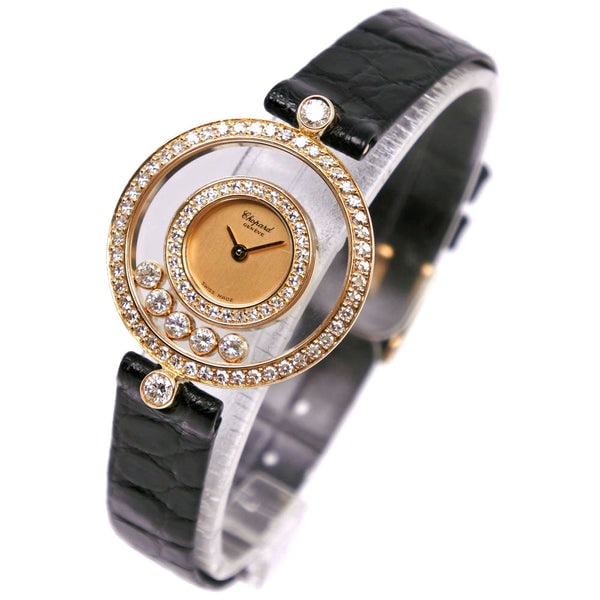 Chopard Happy Diamond ladies watch champagne dial leather strap: Chopard Happy Diamond ladies watch champagne dial leather strap This Chopard Happy Diamond watch features a champagne dial, a diamond and gold bezel, and a leather bracelet. Designed for ladies, it is