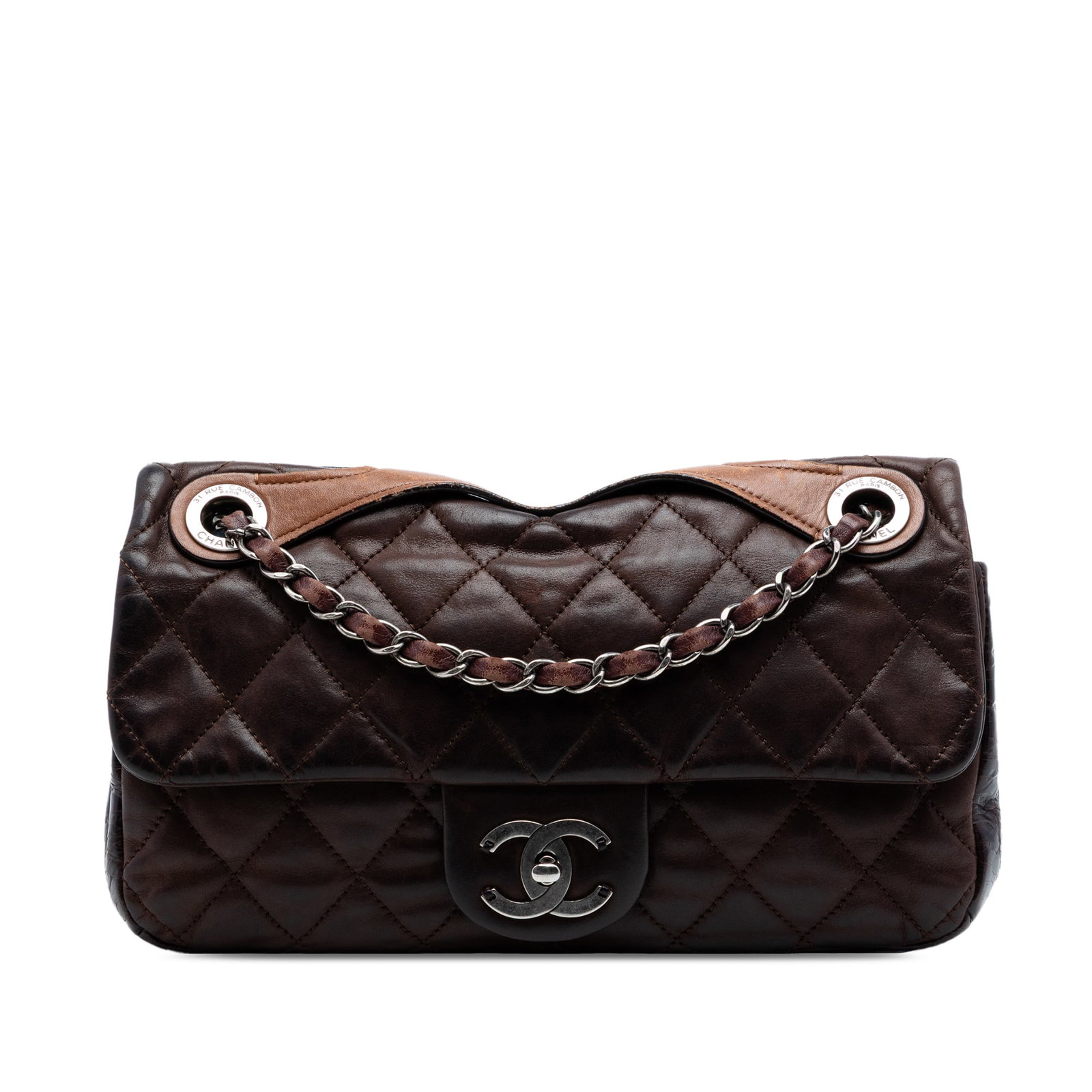 Chanel In the Mix Flap Medium Iridescent Calfskin Satchel: Chanel In the Mix Flap Medium Iridescent Calfskin Satchel This Chanel Medium Iridescent Calfskin In the Mix Flap bag features a quilted leather body in brown, a flat handle, and leather-woven chain li