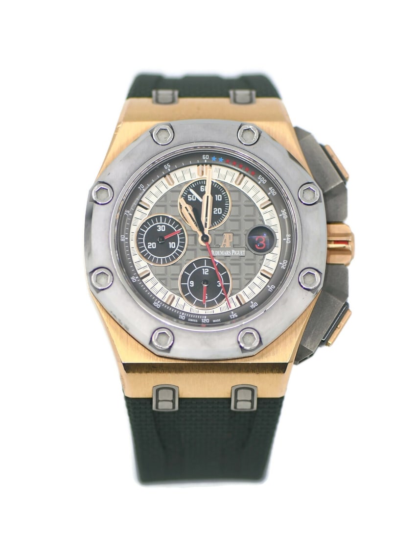 Audemars Piguet Royal Oak Schumacher 18K Rose Gold Watch 26568OM: Audemars Piguet Royal Oak Schumacher 18K Rose Gold Watch 26568OM Presenting the Audemars Piguet Royal Oak Schumacher wristwatch, a stunning timepiece crafted in 18K rose gold. This watch features a me
