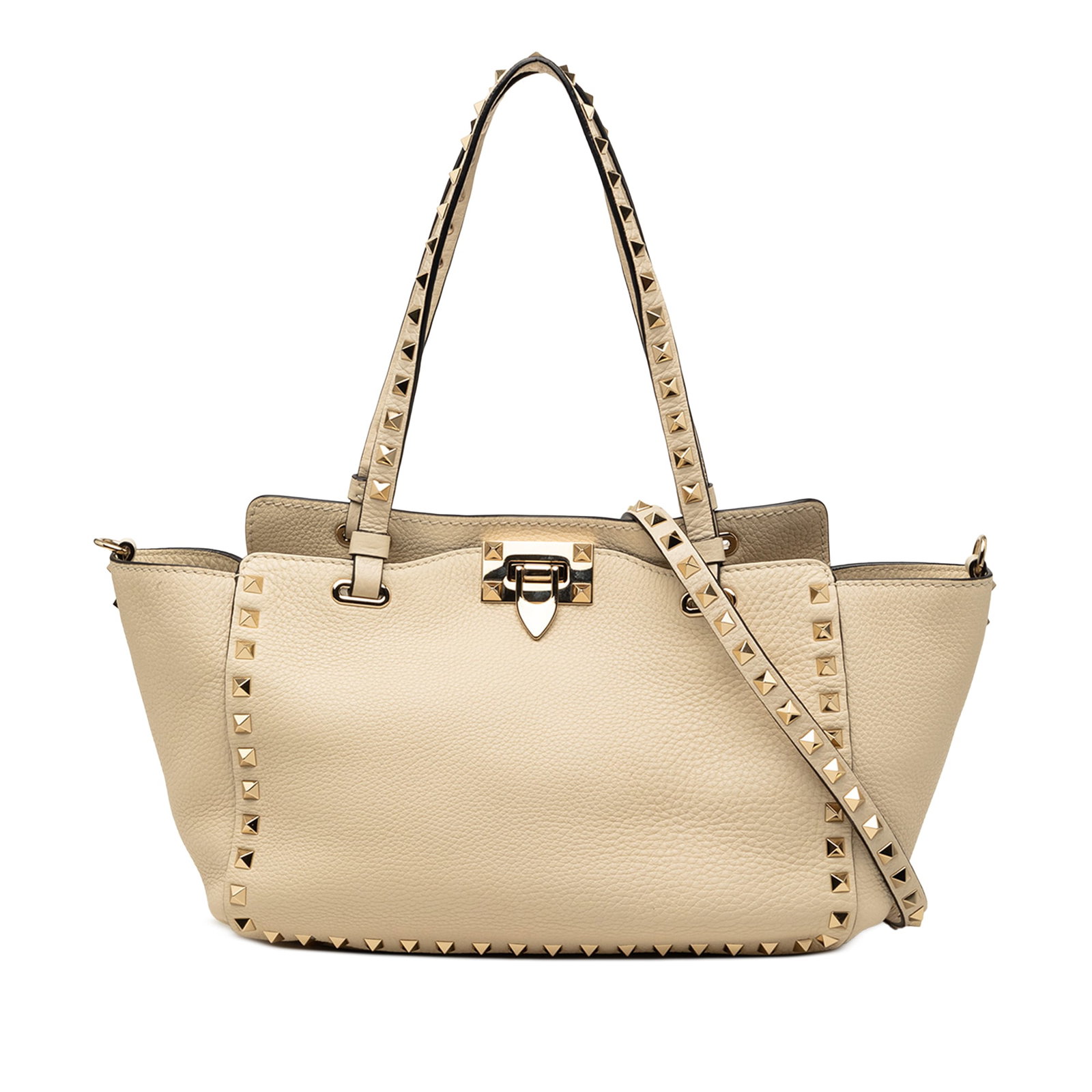 Valentino Rockstud Trapeze Beige Leather Satchel: Valentino Rockstud Trapeze Beige Leather Satchel This Valentino Small Grained Calfskin Rockstud Trapeze Satchel is crafted from beige leather and showcases signature studded detailing on the body, han