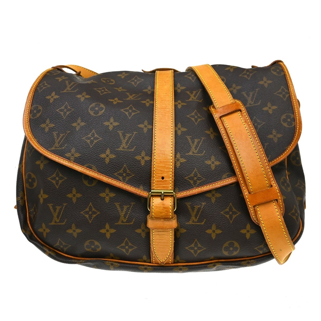 Louis Vuitton Saumur Monogram Canvas Crossbody Bag: Louis Vuitton Saumur Monogram Canvas Crossbody Bag This Louis Vuitton Saumur Handbag features the iconic monogram canvas and is designed for unisex use. The bag is brown and crafted from durable canva