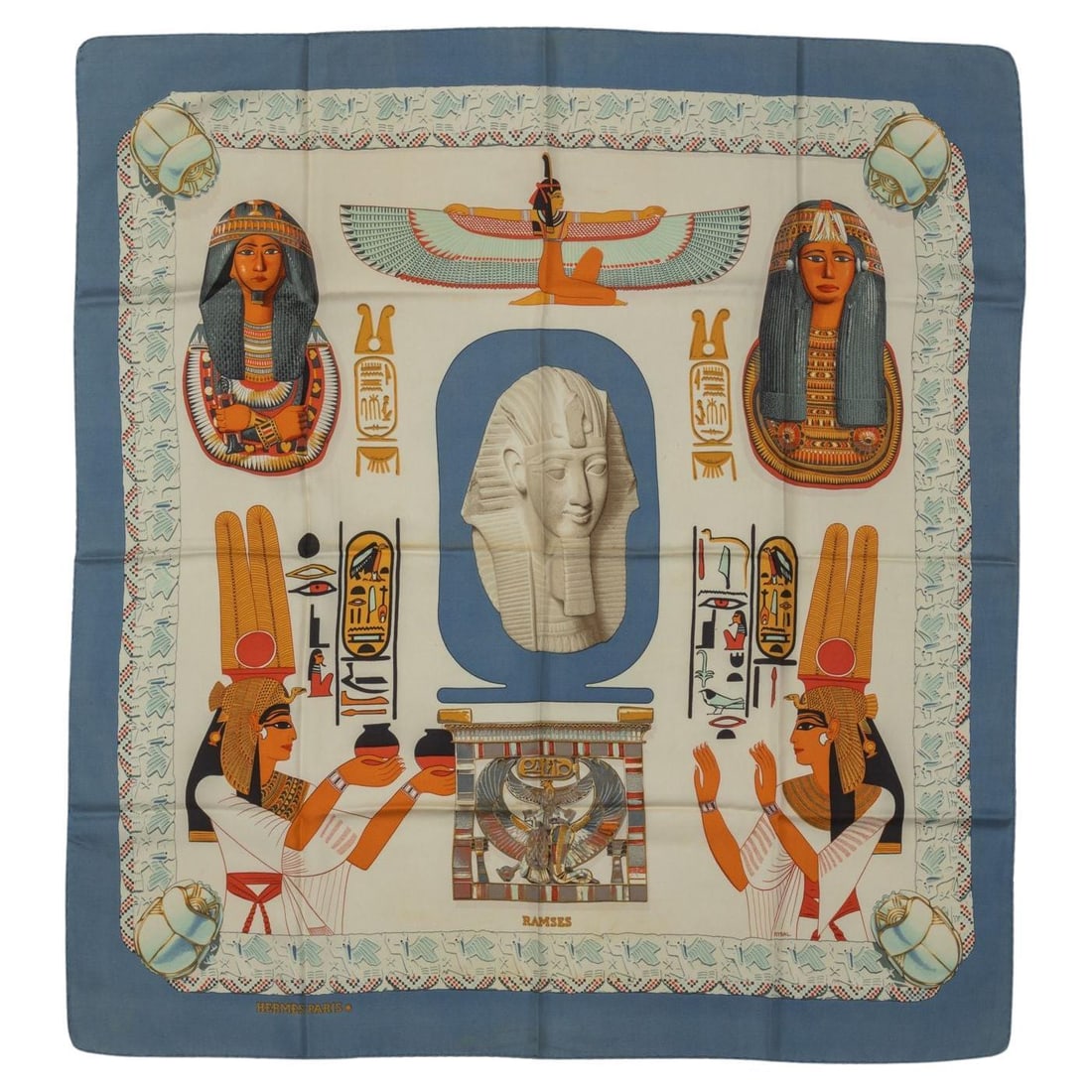 Rare Hermes Ramses Silk Scarf 35 in Blue White Vintage France: Rare Hermes Ramses Silk Scarf 35 in Blue White Vintage France This exquisite Hermes collectible silk scarf features the unique "Ramses" design, showcasing a stunning blue and white color combination. 