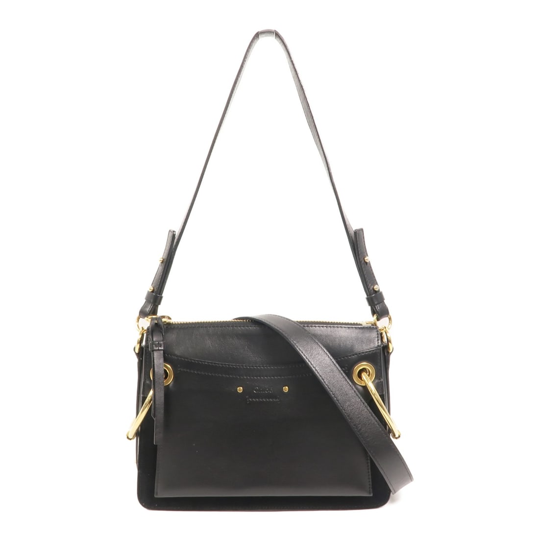 Chloe Roy Black Calfskin Satchel Shoulder Bag: Chloe Roy Black Calfskin Satchel Shoulder Bag This Chloe Roy satchel bag is crafted from black calfskin suede and designed for versatile use as a 2-way shoulder bag. Featuring a structured silhouette,