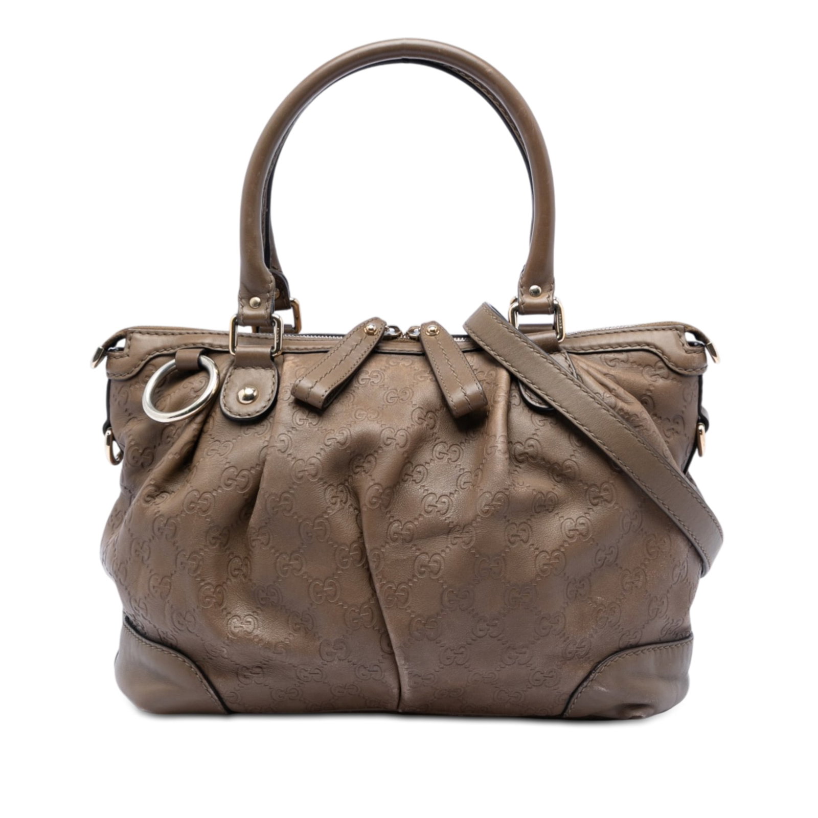 Gucci Guccissima Sukey Brown Embossed Leather Satchel with Strap: Gucci Guccissima Sukey Brown Embossed Leather Satchel with Strap The Sukey satchel features an embossed leather body with rolled leather handles and a detachable flat leather strap. It offers a top zi