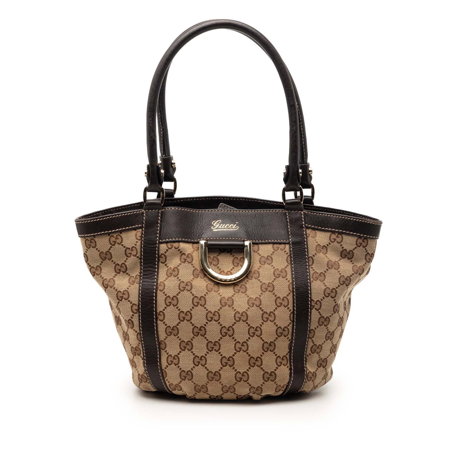 Gucci Abbey D Ring canvas handbag: Gucci Abbey D Ring canvas handbag This Gucci GG Canvas Abbey D Ring Handbag features a beige canvas body with leather trim, rolled leather handles, an open top secured by a magnetic snap button, and i