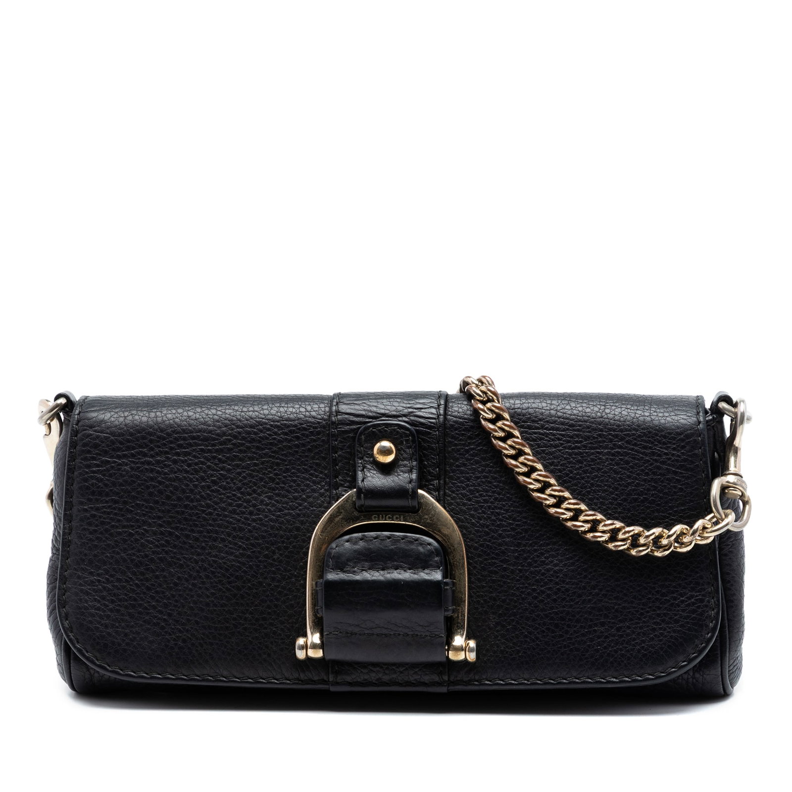 Gucci Greenwich black leather clutch with chain strap: Gucci Greenwich black leather clutch with chain strap This Gucci Pebbled Leather Greenwich Clutch features a black leather body with a detachable chain-link strap, a front flap with a magnetic snap bu
