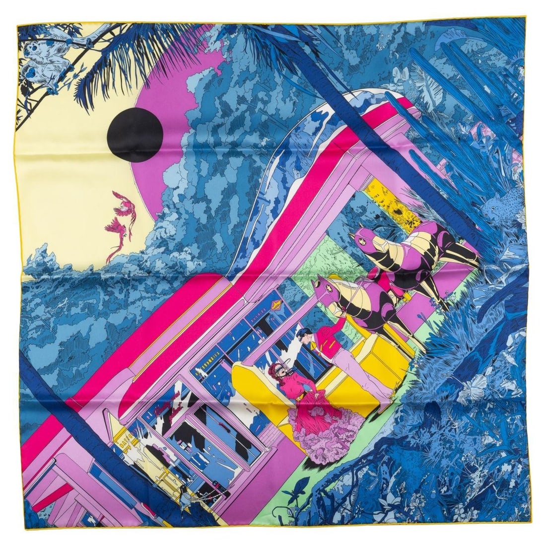 Hermes Rendez-Vous Galant 70 Silk Scarf with Box and Ribbon: Hermes Rendez-Vous Galant 70 Silk Scarf with Box and Ribbon This Hermes "Rendez-Vous Galant" Scarf 70 features a design by Ugo Bienvenu and is expertly crafted in France from 100% silk with hand-rolle
