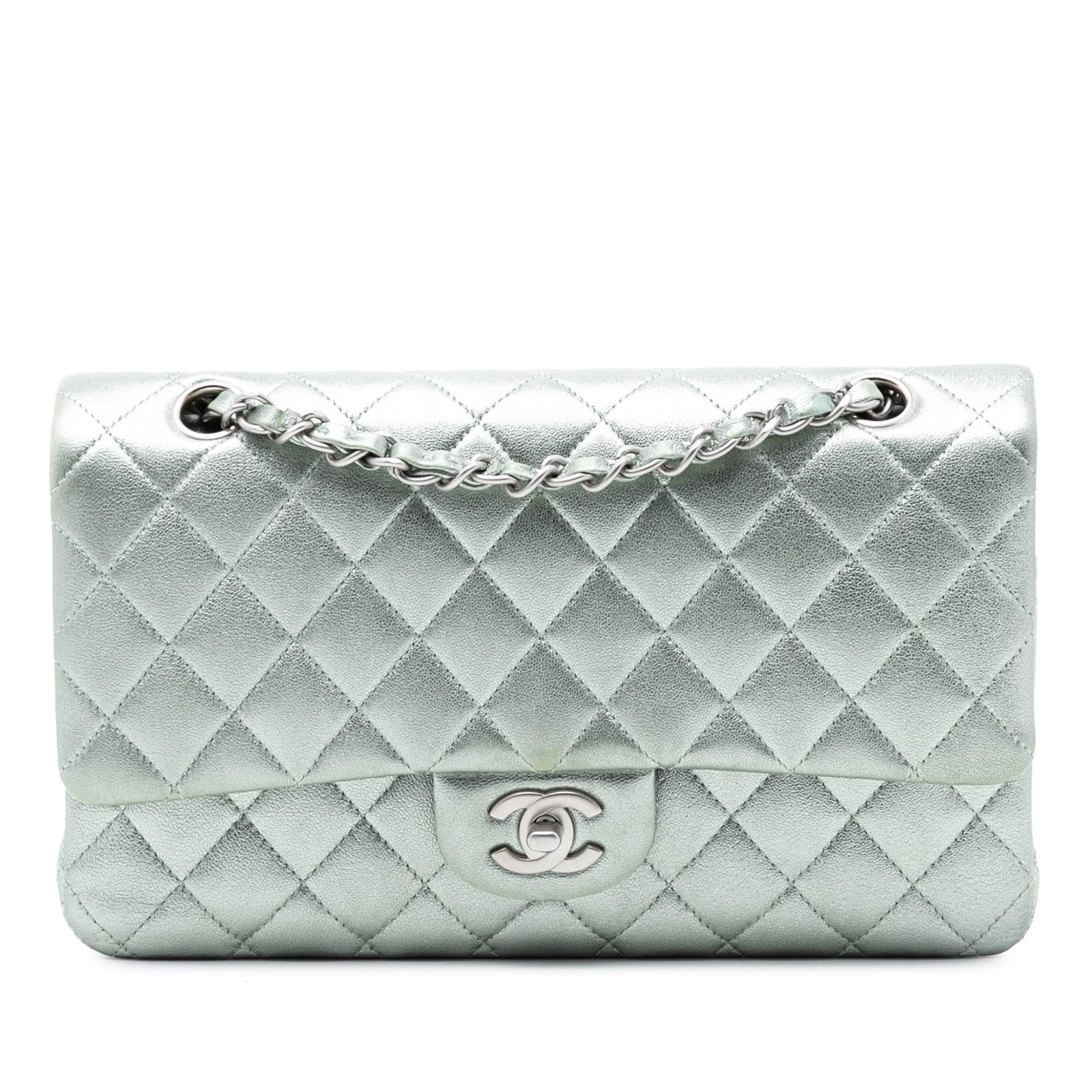 Chanel Medium Double Flap Green Metallic Quilted Lambskin Shoulder Bag: Chanel Medium Double Flap Green Metallic Quilted Lambskin Shoulder Bag This Chanel Medium Classic Flap bag features quilted metallic lambskin leather in green, complemented by a leather-woven chain st