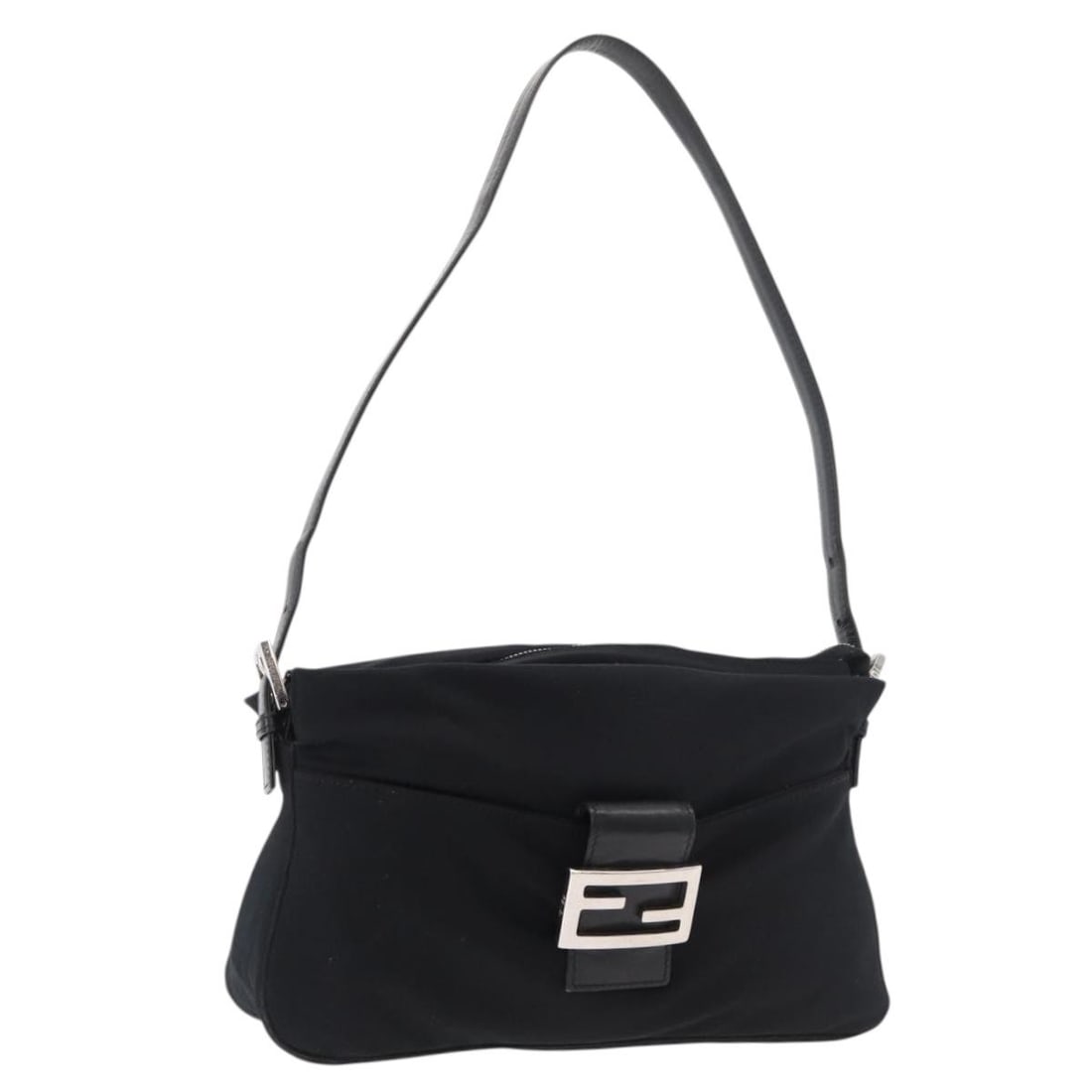 Fendi Mamma Baguette black nylon shoulder bag silver trim: Fendi Mamma Baguette black nylon shoulder bag silver trim This FENDI Mamma Baguette shoulder bag features a sleek black nylon exterior with silver-tone accents. Designed for women, the bag offers a co