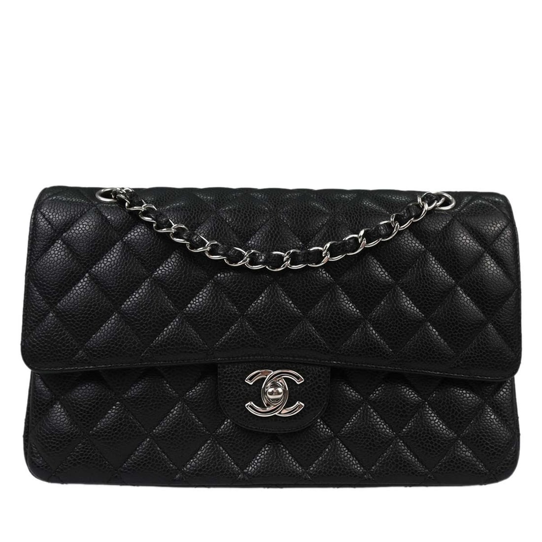 CHANEL Classic Flap Medium Black Calfskin Shoulder Bag: CHANEL Classic Flap Medium Black Calfskin Shoulder Bag This is a Chanel Classic Double Flap Shoulder Bag in black calfskin leather. The bag features a medium size, a turn lock closure, and a versatile