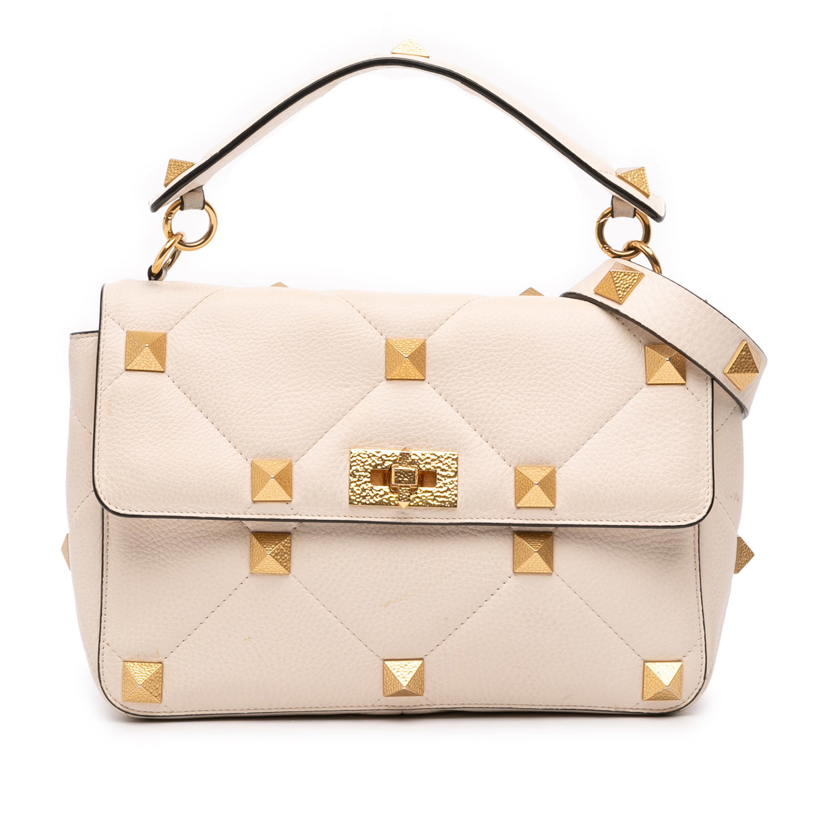 Valentino White Large Grained Calfskin Roman Stud Satchel: Valentino White Large Grained Calfskin Roman Stud Satchel Introducing the Valentino Large Grained Calfskin Roman Stud Satchel, a sophisticated blend of elegance and practicality. This stunning satchel