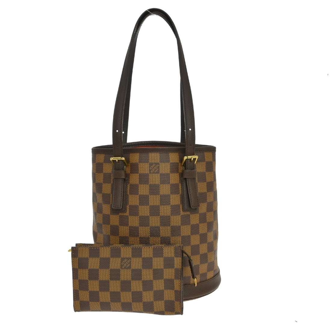 Louis Vuitton Damier Ebene Marais tote bag: Louis Vuitton Damier Ebene Marais tote bag This Louis Vuitton Marais tote bag features the signature Damier Ebene canvas with brown leather accents. Designed in a medium size, it offers double leather