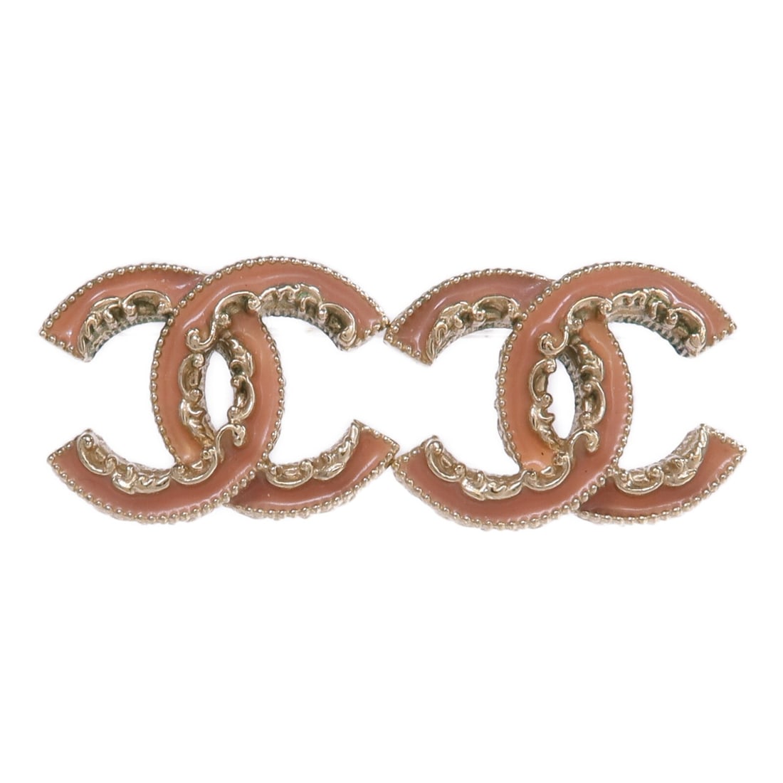 Chanel Pink Metal CC Pierced Earrings with Gold Tone Hardware B14S: Chanel Pink Metal CC Pierced Earrings with Gold Tone Hardware B14S These CHANEL CC pierced earrings feature a gold and pink color combination, crafted from metal with a distinctive CC logo design. Mad