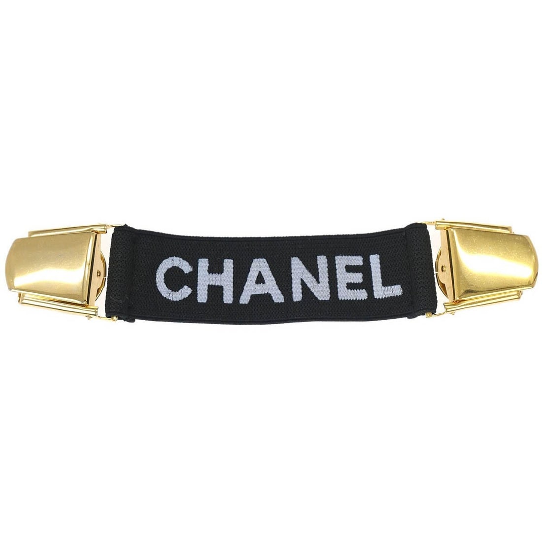 Black Canvas Wrap Wristband with Clip by Chanel: Black Canvas Wrap Wristband with Clip by Chanel This Chanel clip armband wristband features a black canvas material with a wrap style. It is designed with a clip charm type and showcases the iconic Ch