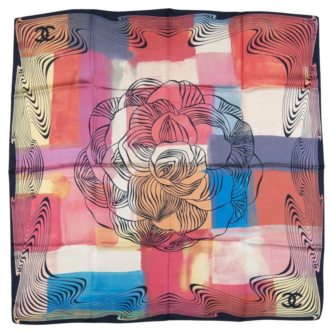 Chanel 100% Silk New Pastel Camellia CC Scarf 35x35 in Italy: Chanel 100% Silk New Pastel Camellia CC Scarf 35x35 in Italy Elevate your accessory collection with the Chanel New Pastel Camellia CC Scarf. Crafted from 100% silk, this luxurious scarf features exqui