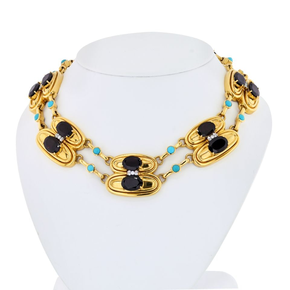 David Webb Platinum 18K Yellow Gold Garnet Turquoise Diamond Necklace: David Webb Platinum 18K Yellow Gold Garnet Turquoise Diamond Necklace Discover elegance with this exquisite David Webb necklace crafted from a blend of platinum and 18K yellow gold. This stunning piec