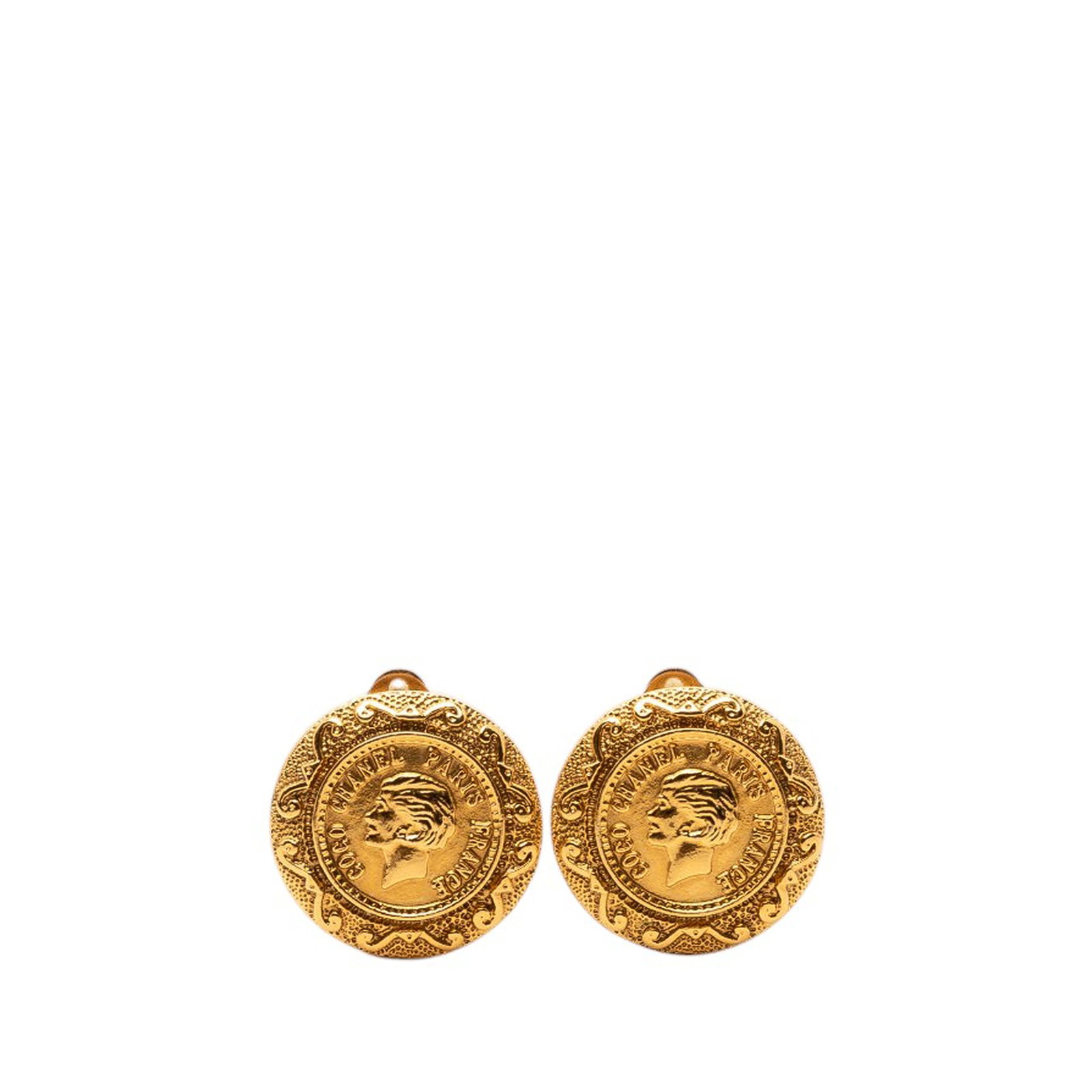 Chanel Coco Profile Gold Plated Clip On Earrings: Chanel Coco Profile Gold Plated Clip On Earrings These Chanel clip-on earrings feature round gold-plated metal bodies with a Coco profile design. They are crafted in France and belong to Chanel's cost