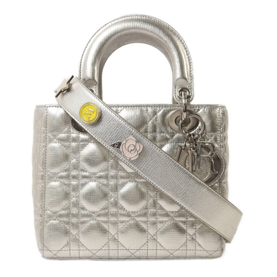 Dior Small Lady ABCDior Lambskin 2way Shoulder Bag Silver: Dior Small Lady ABCDior Lambskin 2way Shoulder Bag Silver This Christian Dior Small Lady Dior My ABCDior bag features a luxurious lambskin exterior in a silver color. Designed as a 2-way shoulder bag,