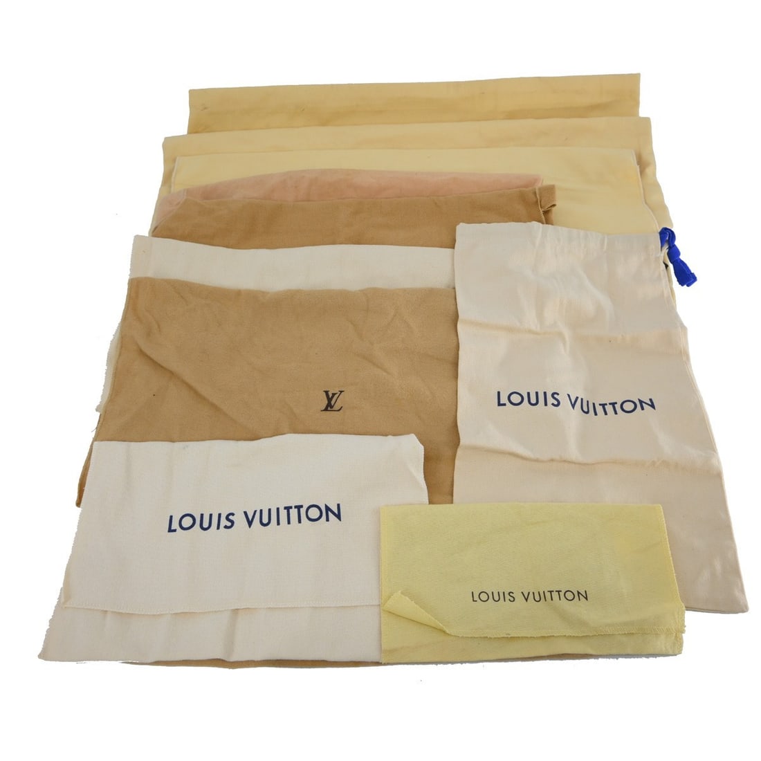 Louis Vuitton brown cotton dustbags set of 10: Louis Vuitton brown cotton dustbags set of 10 This is a set of 10 Louis Vuitton dust bags in brown and beige, crafted from 100% cotton. Designed for unisex use, these dust bags help protect your items
