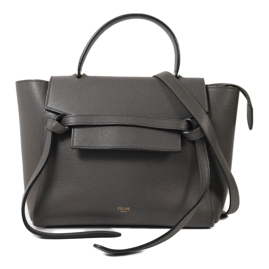 CELINE Micro Belt Bag Gray Calfskin 2 Way Shoulder: CELINE Micro Belt Bag Gray Calfskin 2 Way Shoulder This CELINE Micro Belt Bag is crafted from high-quality calfskin leather in a sophisticated grey color. Designed for versatility, it can be carried a