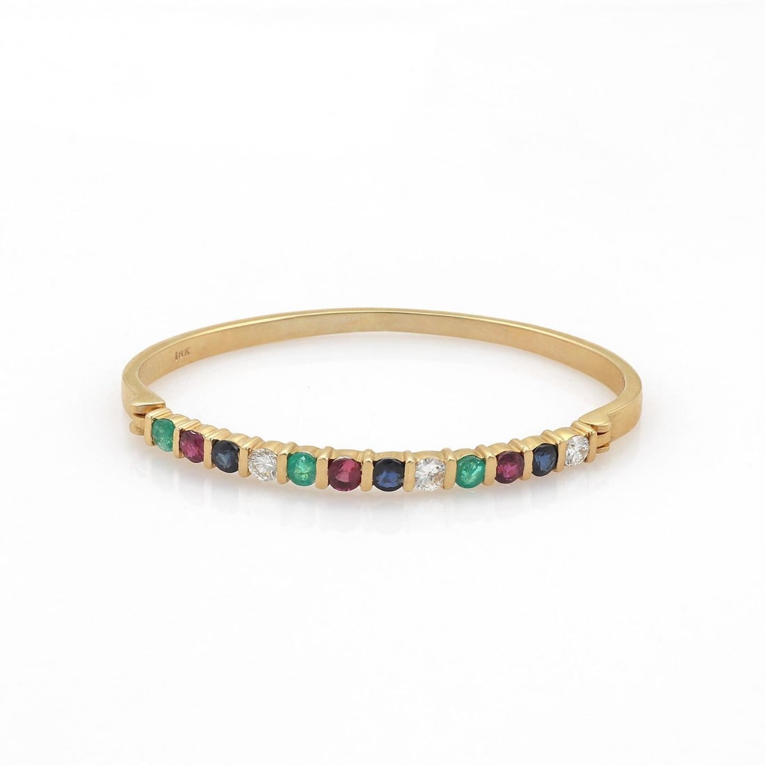 Elegant 18k Yellow Gold Bangle with Diamonds and Multi Gems: Elegant 18k Yellow Gold Bangle with Diamonds and Multi Gems This exquisite oval-shaped bangle is crafted from 18k yellow gold, showcasing a polished finish. The front half features a stunning arrangem
