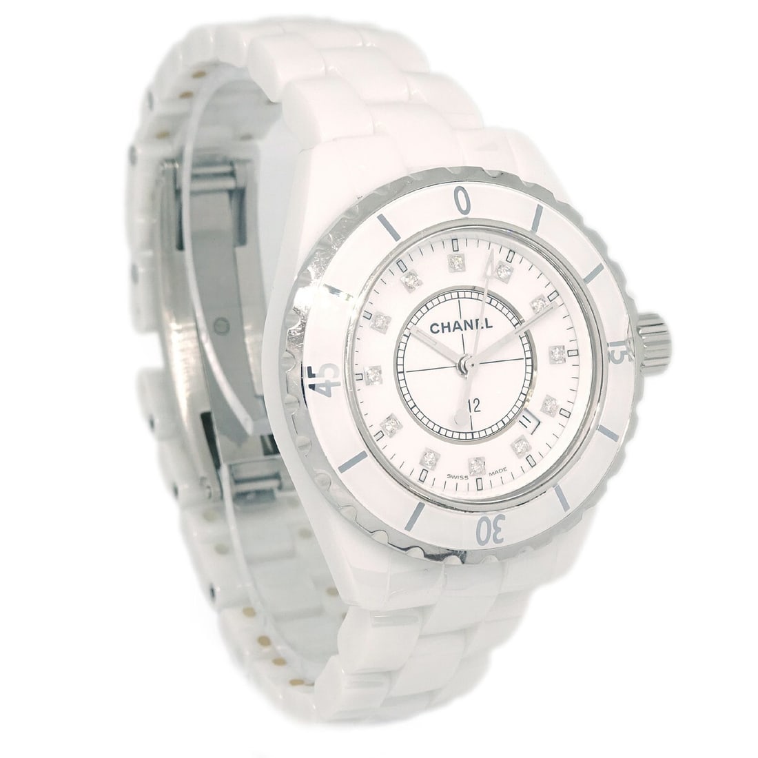 Chanel J12 33mm ceramic quartz diamond wristwatch: Chanel J12 33mm ceramic quartz diamond wristwatch This Chanel J12 Ref. H1628 wristwatch features a 33mm white ceramic case and band, paired with a matching white dial. Powered by a reliable quartz mov