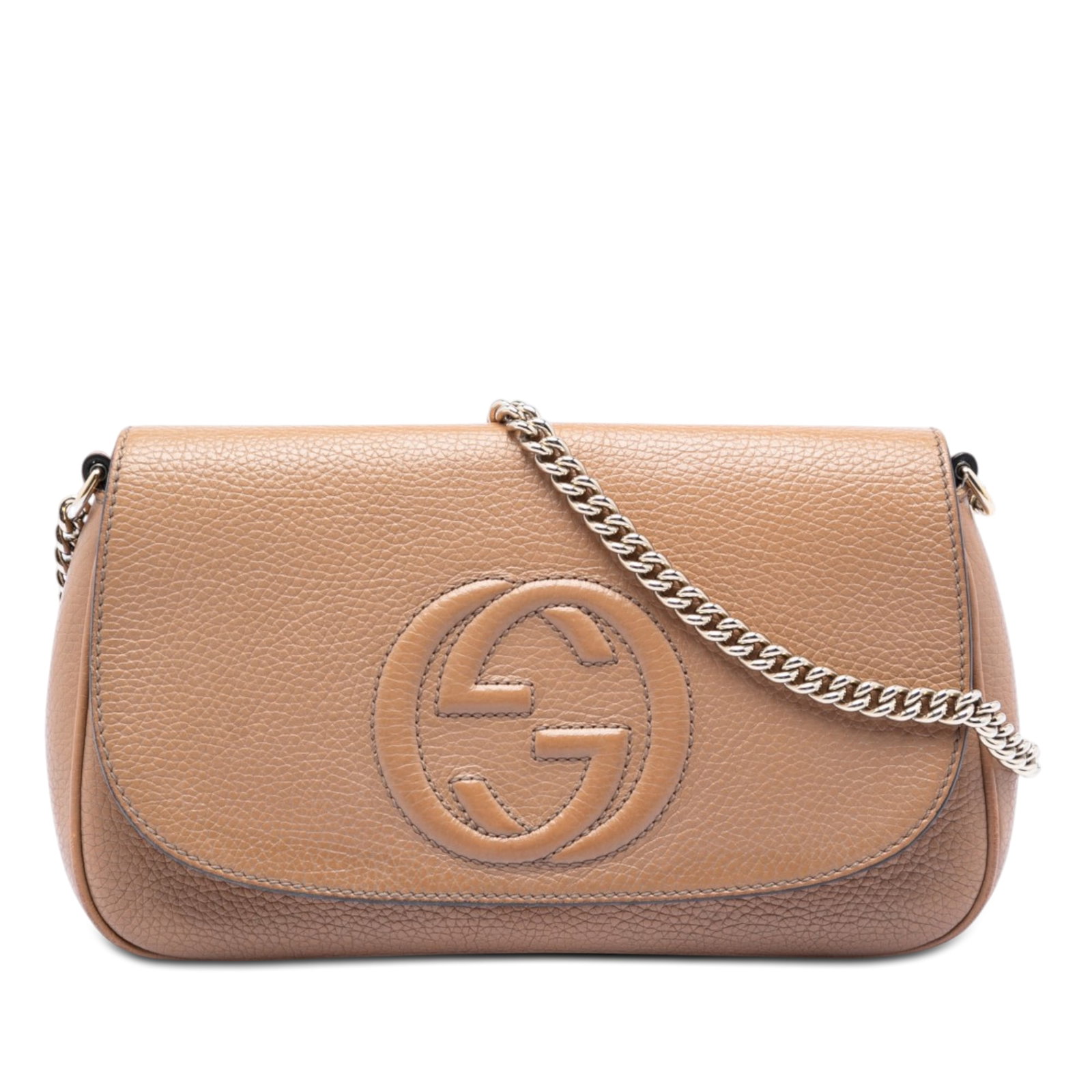 Gucci leather chain flap crossbody bag Medium Calfskin Soho: Gucci leather chain flap crossbody bag Medium Calfskin Soho This Gucci Medium Calfskin Soho Chain Flap Crossbody bag is crafted from brown leather and features a chain link shoulder strap, a front fla