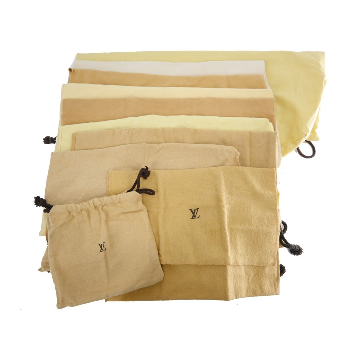 Louis Vuitton cotton dust bags set of 10 brown beige: Louis Vuitton cotton dust bags set of 10 brown beige This set includes 10 Louis Vuitton dust bags made from 100% cotton in a brown and beige color scheme. Designed for unisex use, these dust bags are 