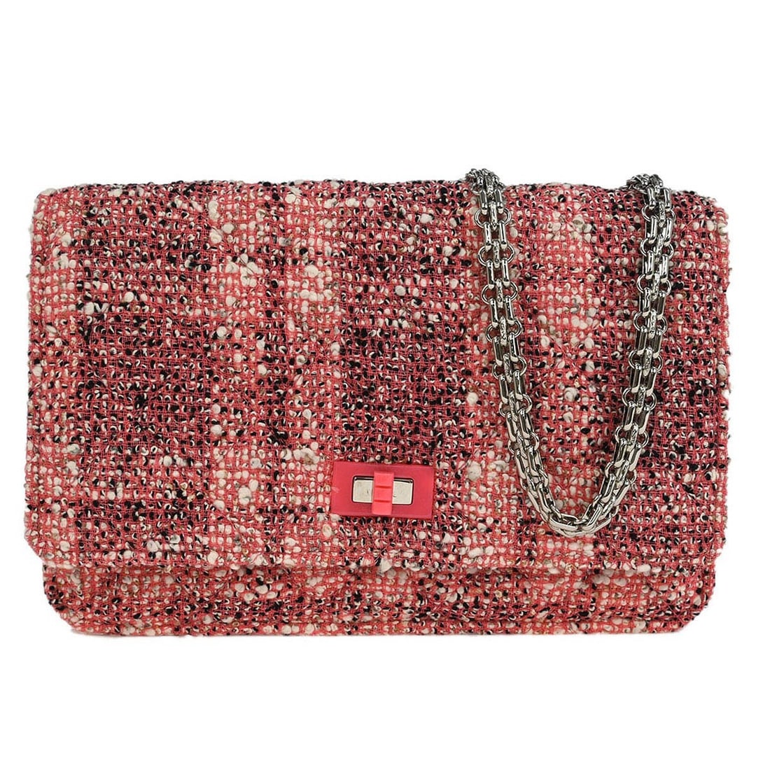 Chanel Reissue 2.55 Pink Tweed Flap Shoulder Bag with Resin Accent: Chanel Reissue 2.55 Pink Tweed Flap Shoulder Bag with Resin Accent This Chanel Reissue 2.55 Flap Bag features a quilted pink tweed exterior accented with resin detail. Designed for women, it offers a 