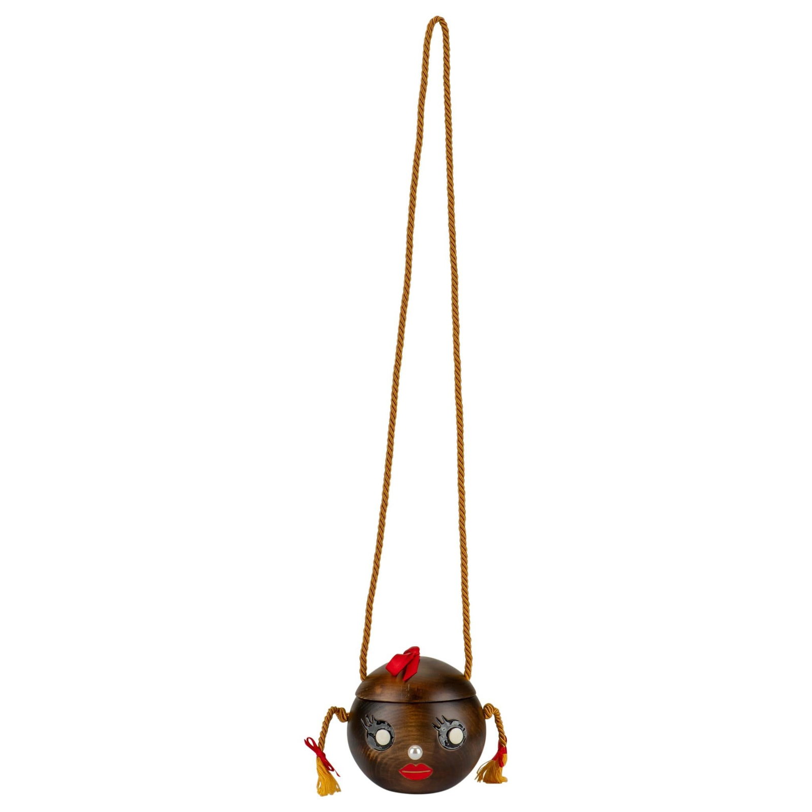 Charlotte Olympia Wooden Face Crossbody Bag with Yellow Silk Strap: Charlotte Olympia Wooden Face Crossbody Bag with Yellow Silk Strap Introducing the Charlotte Olympia Wooden Face Crossbody Bag, a charming and collectible piece that showcases the unique artistry of t