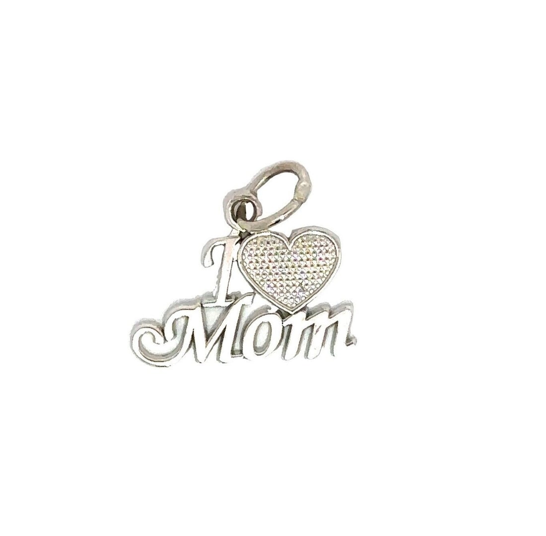 Solid 14K White Gold I Love Mom Heart Charm Pendant: Solid 14K White Gold I Love Mom Heart Charm Pendant Celebrate the love for your mom with this exquisite Solid 14K White Gold "I Love Mom" Charm Pendant. This beautifully crafted heart-shaped pendant f