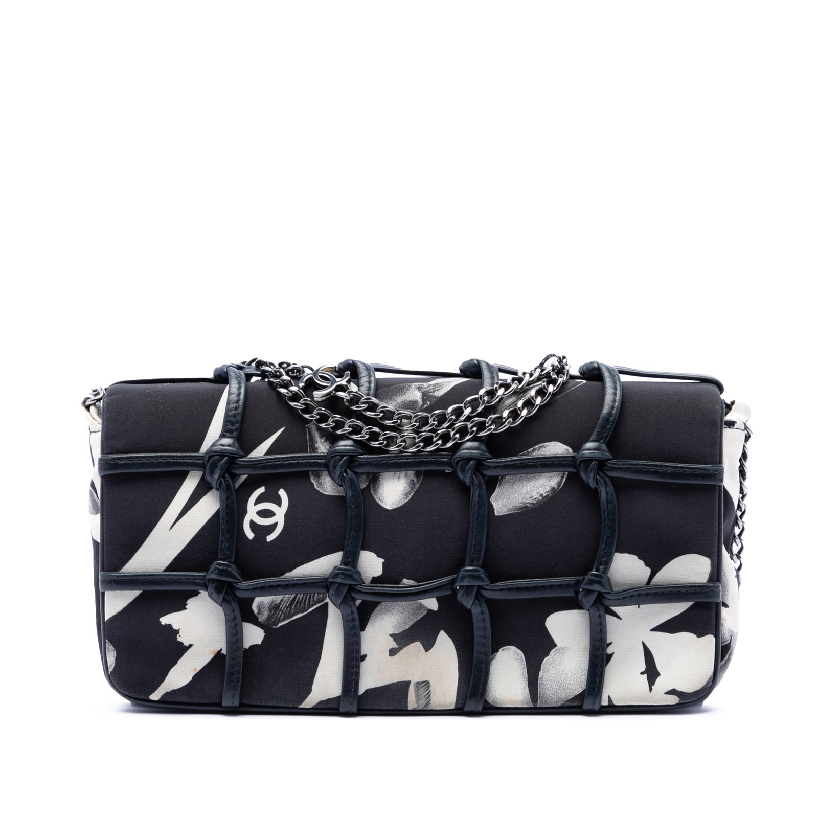 Chanel Tahiti Flap Bag Silk Lambskin Net Trim Black: Chanel Tahiti Flap Bag Silk Lambskin Net Trim Black This Chanel Small Silk and Lambskin Net Tahiti Flap bag features a printed silk body complemented by lambskin leather net trim. It is designed with 