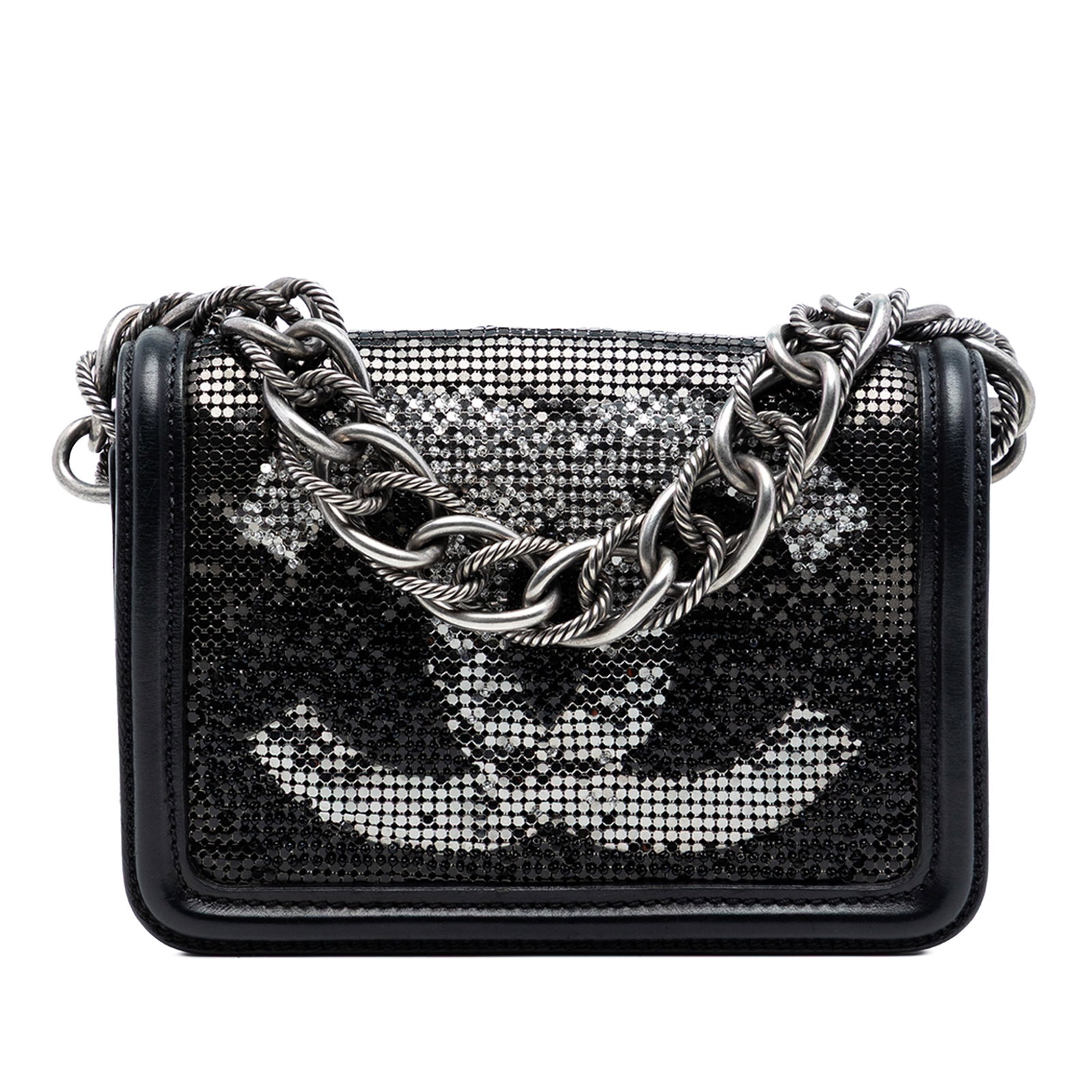 Chanel Small Black Lambskin Flap Bag with Crystal Bead Embellishments: Chanel Small Black Lambskin Flap Bag with Crystal Bead Embellishments This Chanel Small Lambskin Beaded Crystal Flap handbag features a black lambskin leather body adorned with crystal embellishments.