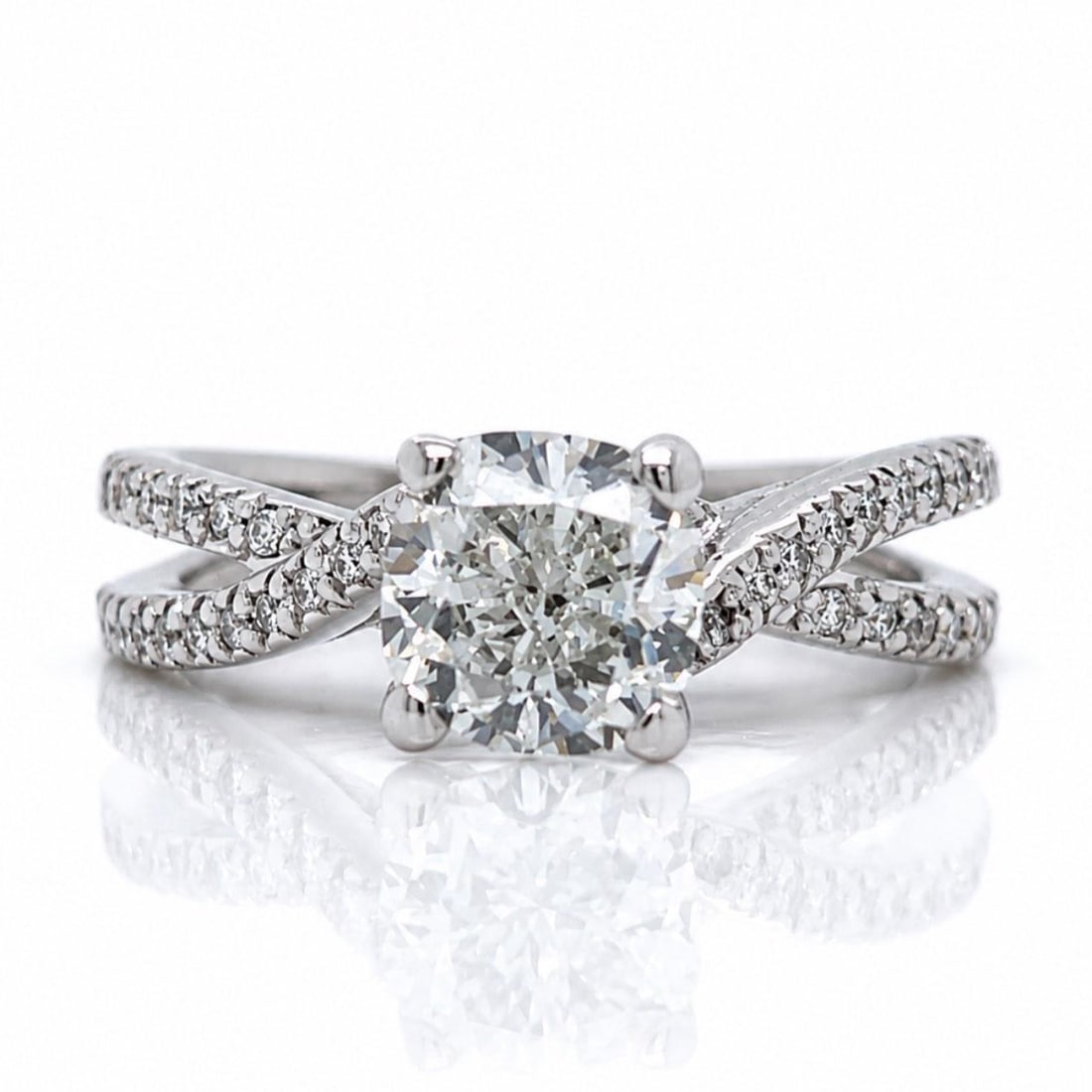 AGS Certified Cushion Cut Diamond Ring 14K White Gold Size 6.5: AGS Certified Cushion Cut Diamond Ring 14K White Gold Size 6.5 This elegant ring is crafted from 14K white gold and features an AGS certified cushion-cut diamond weighing 1.70 carats, with G color and