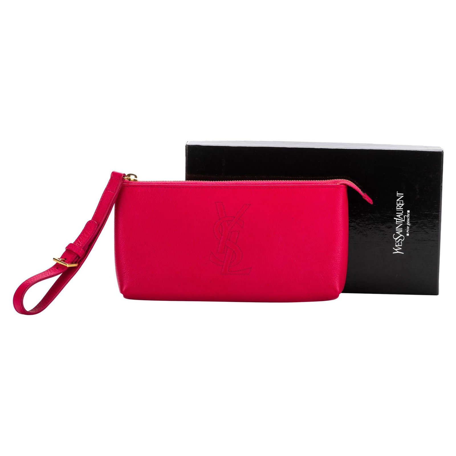 YSL Fuchsia Leather Wristlet Bag with Original Box: YSL Fuchsia Leather Wristlet Bag with Original Box Elevate your accessory game with this YSL Fuchsia Leather Wristlet Small Bag. Crafted from high-quality hot pink leather, this stylish wristlet is pe