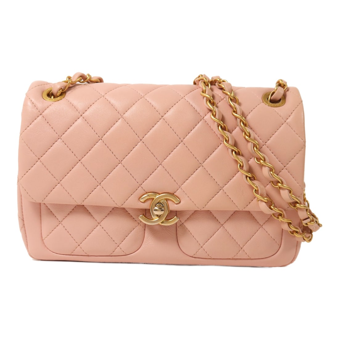 CHANEL Pink Lambskin Shoulder Bag CC GHW Flap AS4459: CHANEL Pink Lambskin Shoulder Bag CC GHW Flap AS4459 This CHANEL shoulder bag features the iconic CC design and gold-tone hardware, crafted from luxurious pink lambskin leather. Designed for women, th