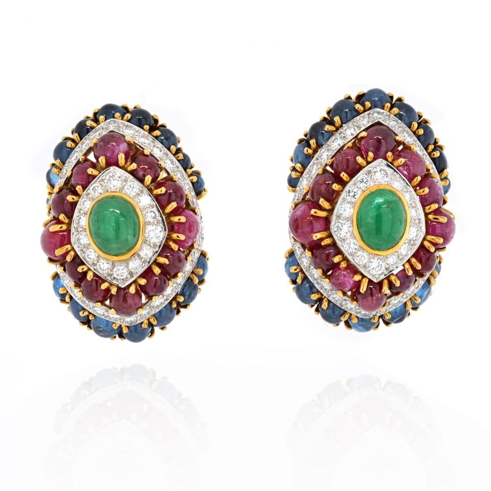David Webb 1980s Platinum 18K Gold Color Gemstone Earrings with Diamonds (1 of 4)