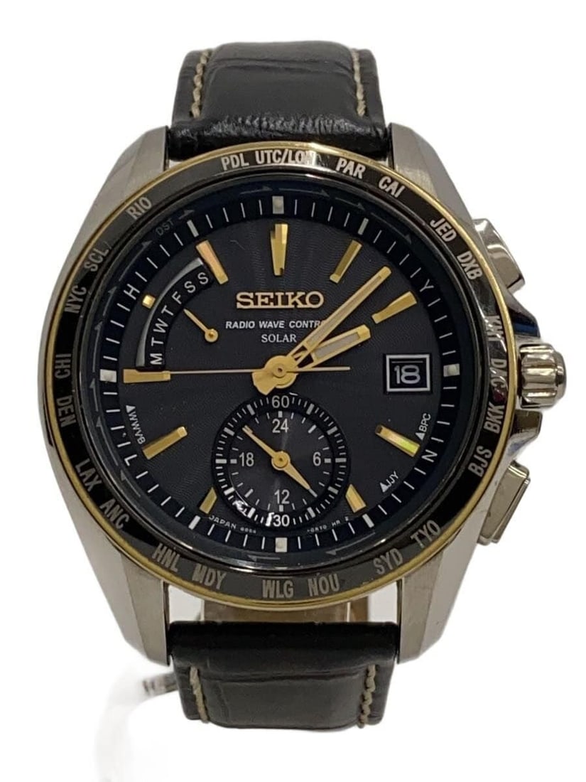 Seiko Brightz Titanium Quartz Men's Wristwatch: Seiko Brightz Titanium Quartz Men's Wristwatch This SEIKO Brightz Quartz Titanium 8B54-0BB0 men's wristwatch features a black leather band and a titanium case. The watch is pre-owned and shows slight 